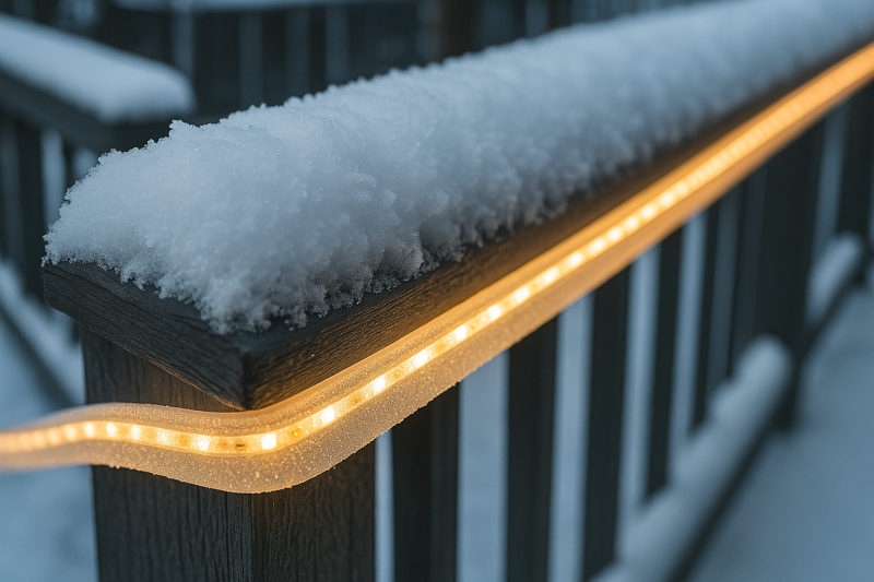 An image of an IP67 silicone LED strip installed on a snowy deck railing, covered in frost but glowing perfectly, demonstrating cold-weather reliability.