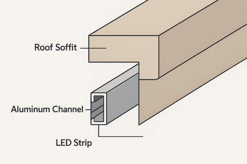 A cross-section view of a roof soffit. It shows a sleek aluminum channel mounted facing downward, painted the same color as the hanging board. The LED strip is tucked deep inside, invisible to a person standing on the ground.