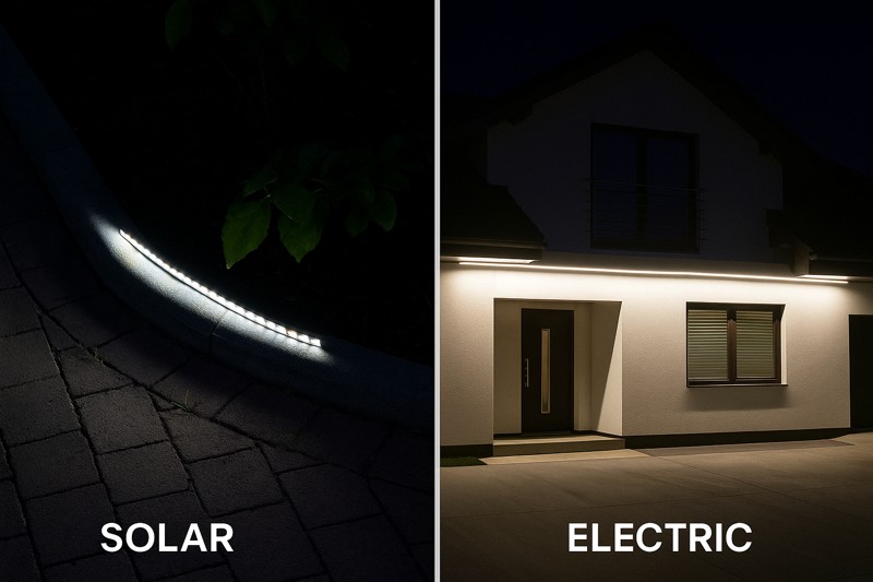 A split image: the left side shows a dim, uneven solar-powered LED strip along a small garden border. The right side shows a powerful, bright, and perfectly uniform electric LED strip washing the entire facade of a modern home
