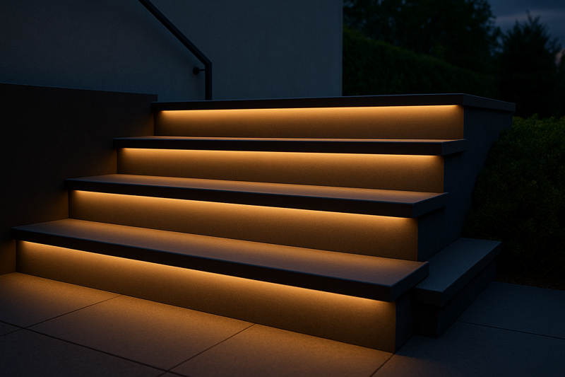 A sleek outdoor staircase at dusk. The underside of each step is illuminated by a continuous, solid line of warm light with no visible dots or breaks. The effect is smooth and modern.