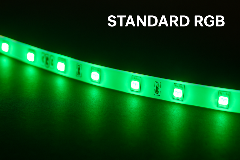 A side-by-side comparison image. On the left, a standard RGB strip is just solid green. On the right, an RGB+IC strip displays a multi-color chasing effect with pink, orange, and blue moving along the line.