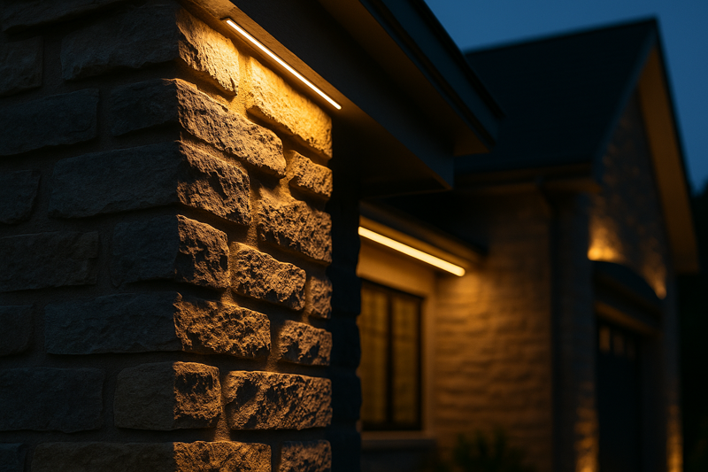 A close-up on a stone-clad house where a hidden LED strip is grazing light down the stone, making all the texture pop. In the background, a soft glow emanates from the home's eaves.