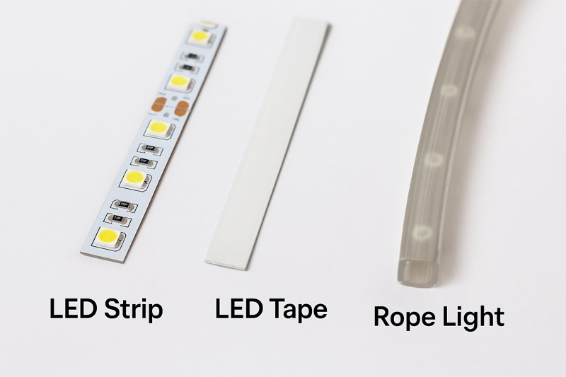 A clean, side-by-side comparison image showing three products clearly labeled: a flat, modern LED Strip/Tape; and a round, bulky-looking Rope Light