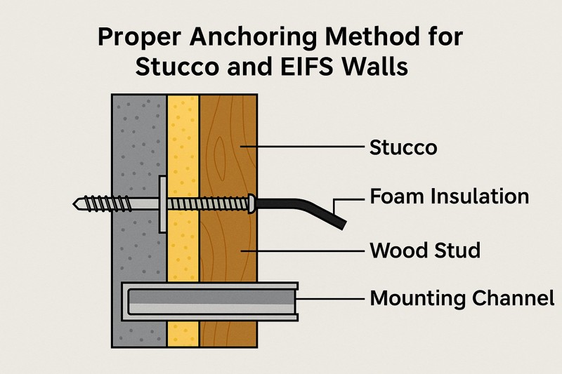An illustration showing a cross-section of a stucco wall with a long anchor passing through the stucco and foam insulation to securely fasten a mounting channel to the wood stud behind it.