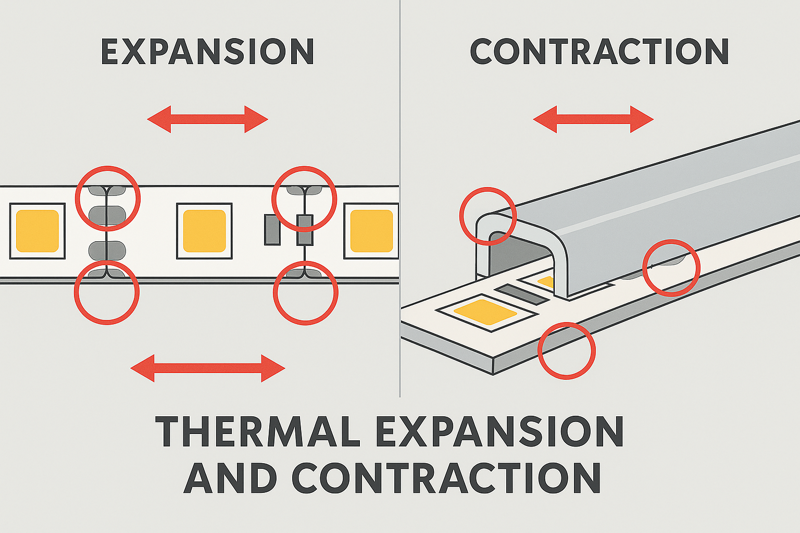An animated GIF style image showing a cross-section of an LED strip expanding and contracting, with stress points highlighted on the solder joints and housing.