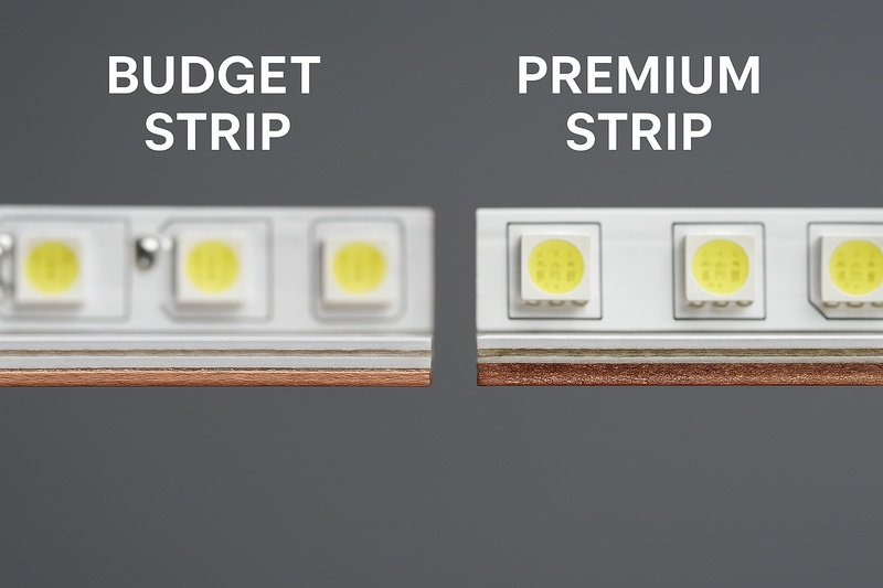 A close-up cross-section of two LED strips. The budget strip has a paper-thin copper layer. The premium strip has a visibly thick, robust copper layer.