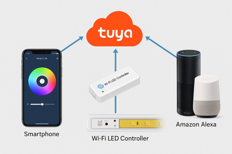 A diagram showing the Tuya Cloud connecting a smartphone (running the Smart Life app), a WiFi LED controller, Amazon Alexa, and Google Home devices in a seamless ecosystem.
