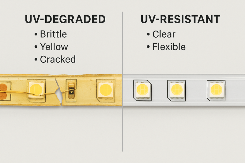 A dramatic side-by-side comparison image showing a brittle, yellow, and cracked LED strip next to a pristine, clear, and flexible UV-resistant silicone LED strip