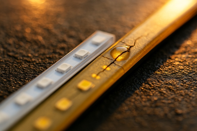 A dramatic macro shot showing sunlight hitting two strips. One is a clear, pristine silicone strip. The other is a yellowed, cracked epoxy strip, with a water droplet seeping into a crack.