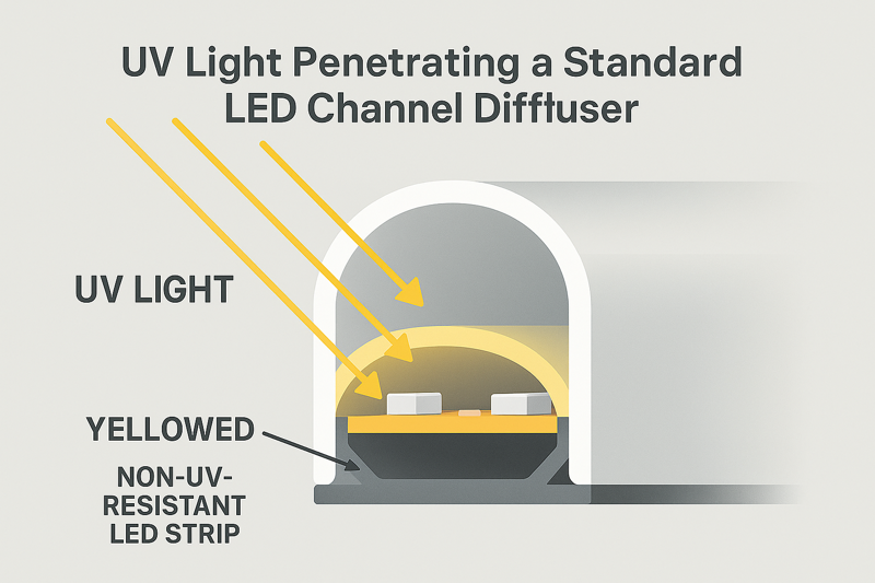 An image showing UV light rays penetrating the diffuser of an aluminum channel and still hitting the non-UV-resistant LED strip inside, causing it to yellow.
