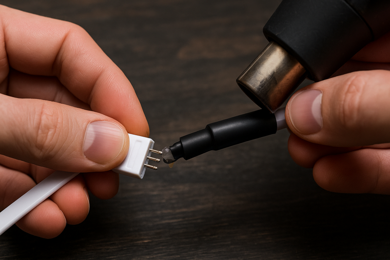 A technician applying dielectric grease to a male pin connector, then sliding a thick tube of adhesive-lined heat shrink over the joint. A heat gun is shrinking the tube, with glue visibly oozing out the ends to create a seal.