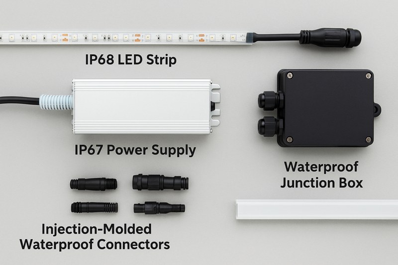 An organized layout of components for an outdoor system: an IP68 LED strip, an IP67 power supply, injection-molded waterproof connectors, and a waterproof junction box.