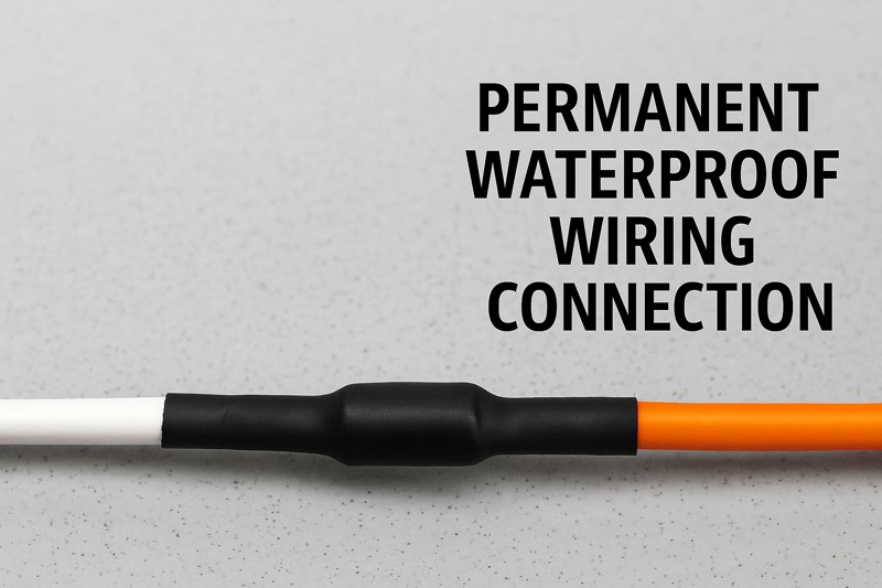 A perfect, professionally sealed solder connection covered with black adhesive-lined heat shrink tubing, demonstrating a robust and completely waterproof seal.