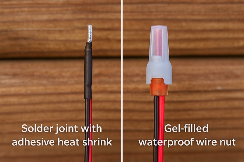 A clear, close-up image showing two perfect wiring connections side-by-side: one is a clean solder joint covered by adhesive heat shrink, the other is a wire inserted into a gel-filled waterproof wire nut.