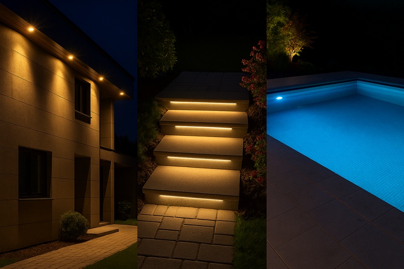 A stunning composite image showing three different exterior applications: a building facade lit from the soffits, a garden path with illuminated steps, and a swimming pool with underwater lighting