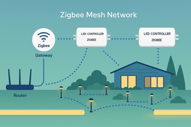 A graphic illustrating a Zigbee mesh network across a large property. A Zigbee Gateway connects to the router, and multiple LED controllers daisy-chain the signal to reach distant landscape lights.