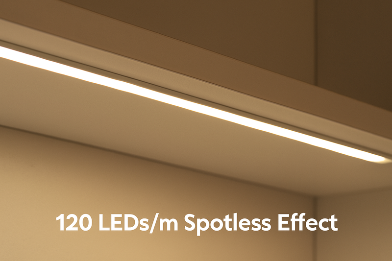 Close up of a 120 LED/m strip installed in a very shallow cabinet groove. It looks like a solid fluorescent tube.