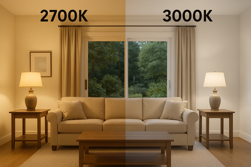 Side-by-side comparison of a living room view into a garden. Left side is 2700K (golden hue), Right side is 3000K (crisp white hue).