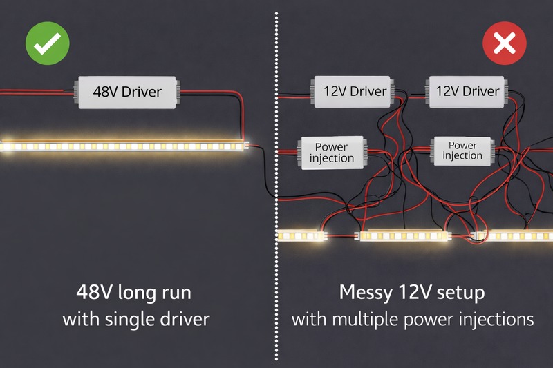 Diagram showing a 48V long-run connection with one driver versus a messy 12V setup with multiple power injections.