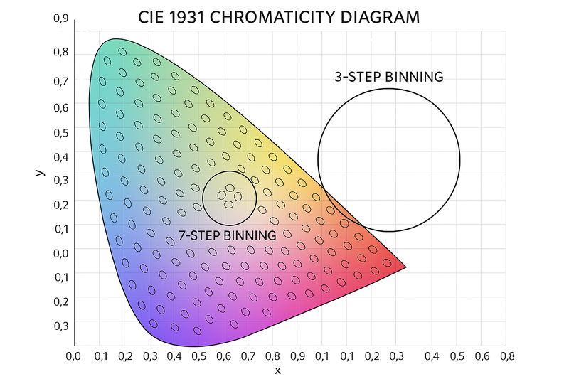 A technical chart of the CIE 1931 chromaticity diagram, showing small ellipses (MacAdam steps). A tight small circle represents 3-step binning, a large loose circle represents 7-step binning.