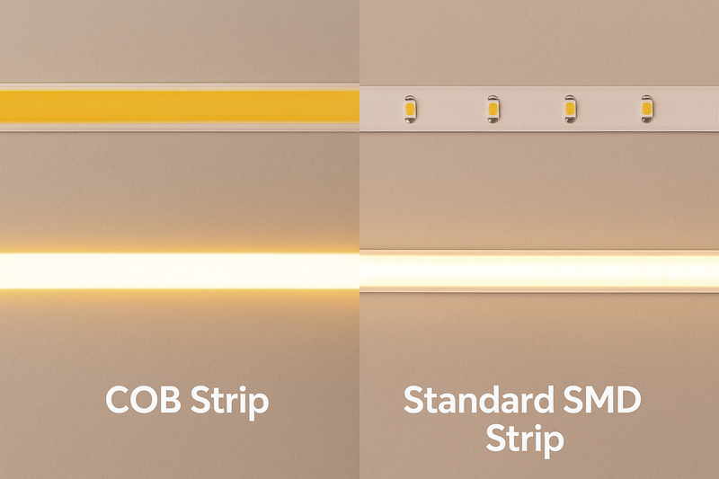 Comparison of a COB strip vs a Standard SMD strip. The COB strip looks like a continuous yellow tape when off, and a solid laser beam when on.