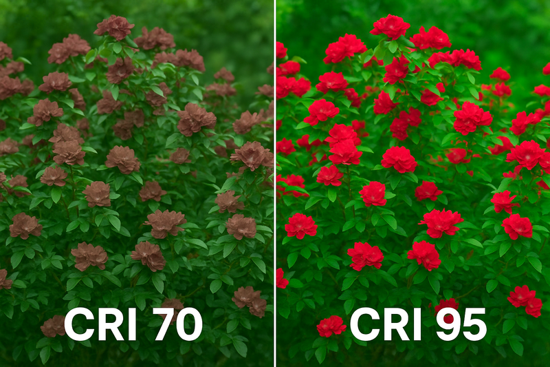 Comparison of a red flower bush. Left side is CRI 70, looking desaturated and brownish. Right side is CRI 95, looking vibrant red and lush green.