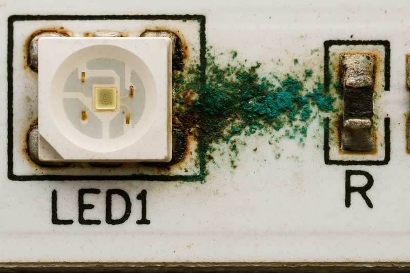 Macro photo of a corroded LED strip PCB. The copper pads look green and black, and the solder joints are rusty.