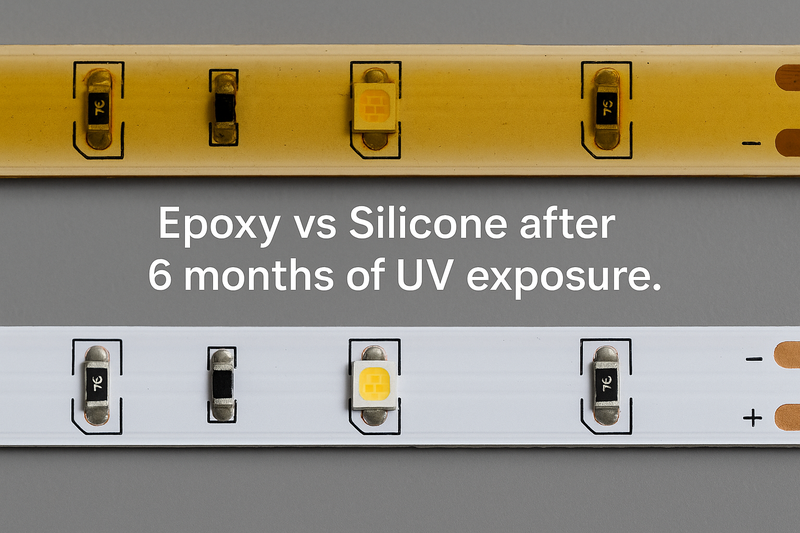 Comparison photo to two LED strips side by side. One is clear (Silicone), one is brown/yellow (Epoxy). Caption: 'Epoxy vs Silicone after 6 months of UV exposure'.