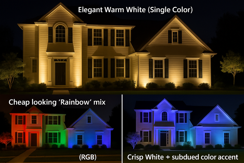 Comparison image of a house exterior. Top: Elegant Warm White (Single Color). Bottom left: Cheap looking 'Rainbow' mix (RGB). Bottom right: Crisp White + subdued color accent (RGBW).