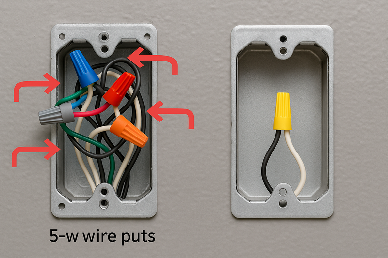 Photo of a messy junction box with 5-wire nuts vs a clean 2-wire connection. Arrows pointing to potential failure points in the 5-wire setup.
