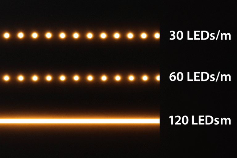 Split screen comparison. Top: 30 LEDs/m showing distinct bright dots. Middle: 60 LEDs/m showing a smoother line but faint dots. Bottom: 120 LEDs/m showing a perfect solid line of light
