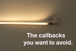 Image of a failed LED strip hanging loosely from a wall with a darkened section. Caption: 'The callbacks you want to avoid.'