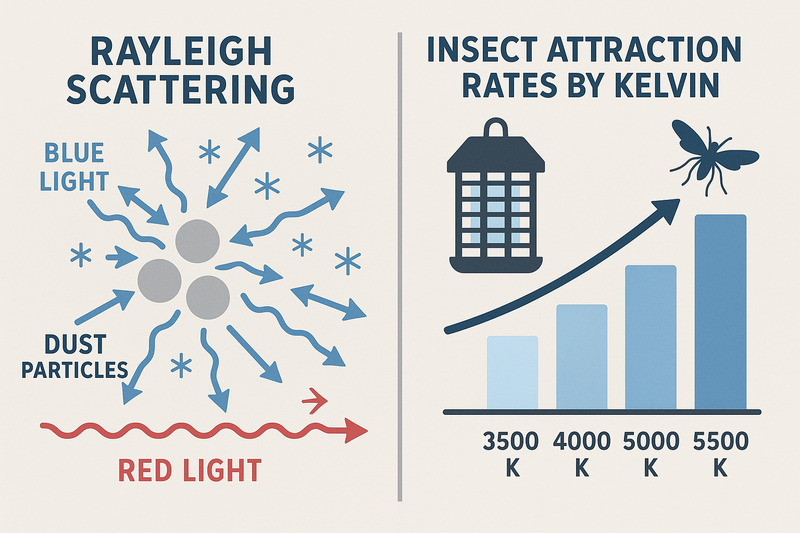 Infographic showing Rayleigh Scattering. Blue light waves hitting dust particles and scattering everywhere (glare), while Red light waves cut through cleanly. Next to it, a bug zapper chart showing insect attraction rates by Kelvin.