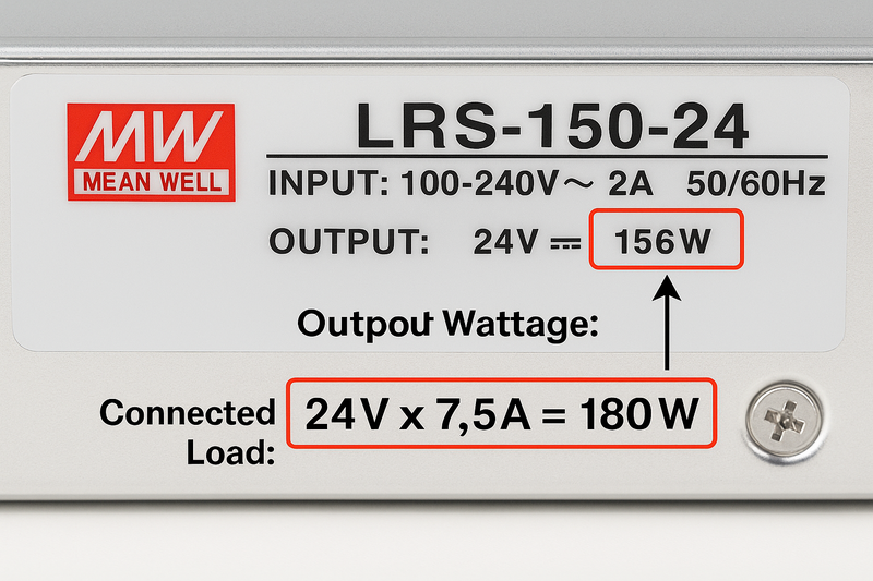 Photo of a MeanWell power supply label. Highlighting the 'Output Wattage' and a calculation of connected load exceeding that number.