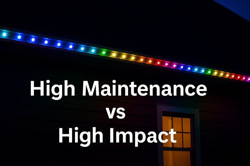 Image of a pixel strip doing a 'chasing' effect along a roofline. Overlay text: 'High Maintenance vs High Impact'