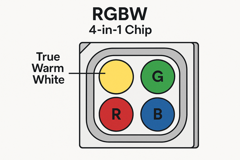 Diagram of an RGBW 4-in-1 chip. Showing the dedicated yellow phosphor section highlighting 