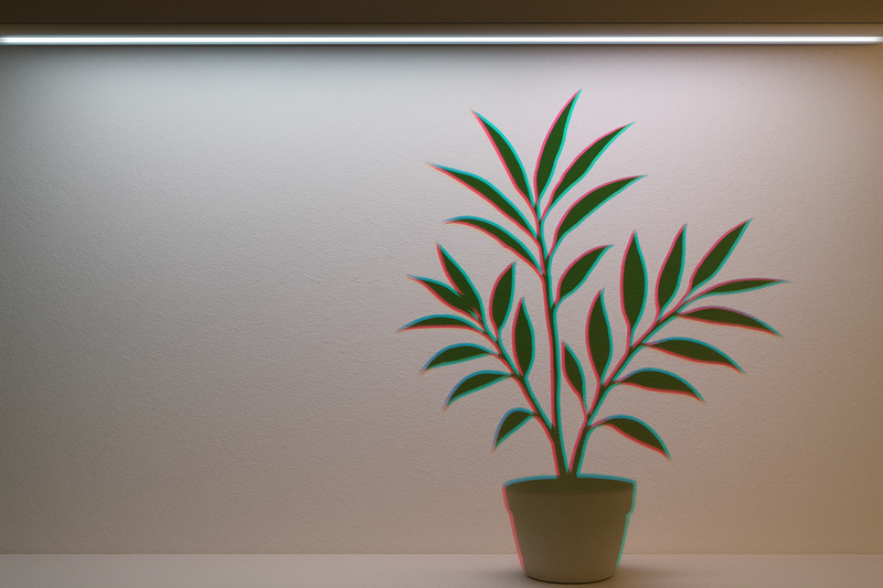 Photo of a white wall lit by RGB strip 'White'. Shadow of a plant shows distinct red, green, and blue outlines instead of a solid shadow.