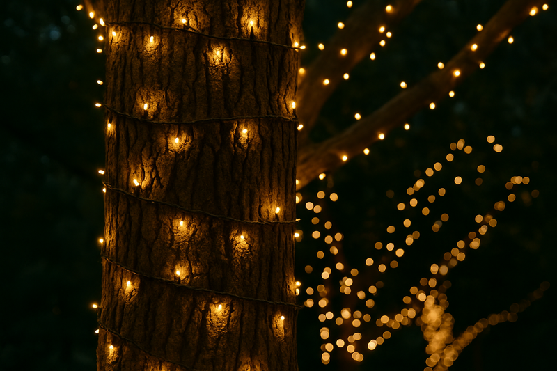 Photo of a large tree wrapped in light lights. The individual dots are not visible because they are lost in the texture of the bark.