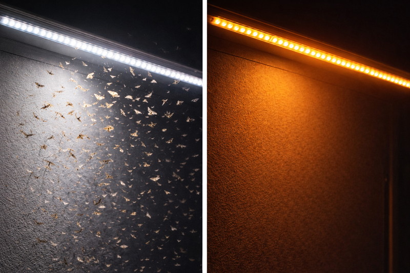 Split image. Left: Bright white light swarming with moths. Right: Warm Amber light with no bugs around.