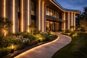 A stunning modern architectural facade at dusk, featuring long, unbroken vertical lines of warm light accents and a curved illuminated garden path