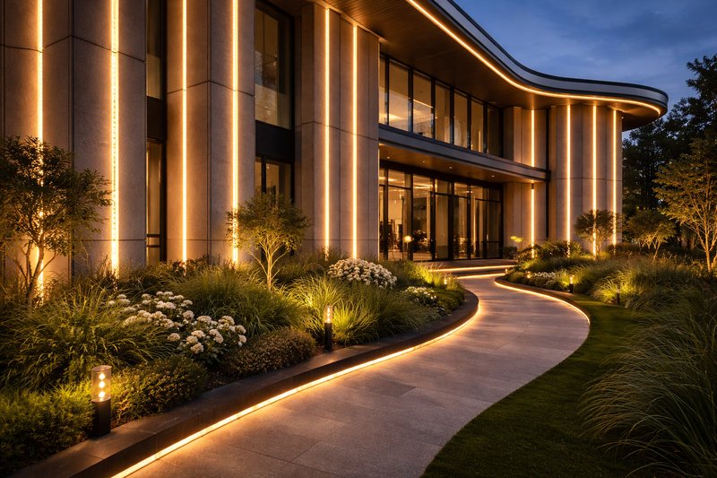 A stunning modern architectural facade at dusk, featuring long, unbroken vertical lines of warm light accents and a curved illuminated garden path