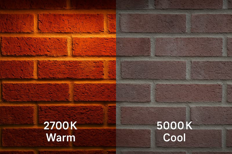 Close up detail shots of materials under light. Image 1: Red brick wall glowing rich orange under 2700K. Image 2: The same brick wall looking dull and pinkish under 5000K.