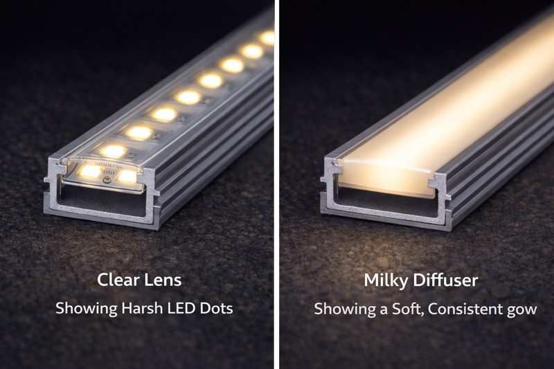 Comparison photo. Top stair: Standard LED strip showing 