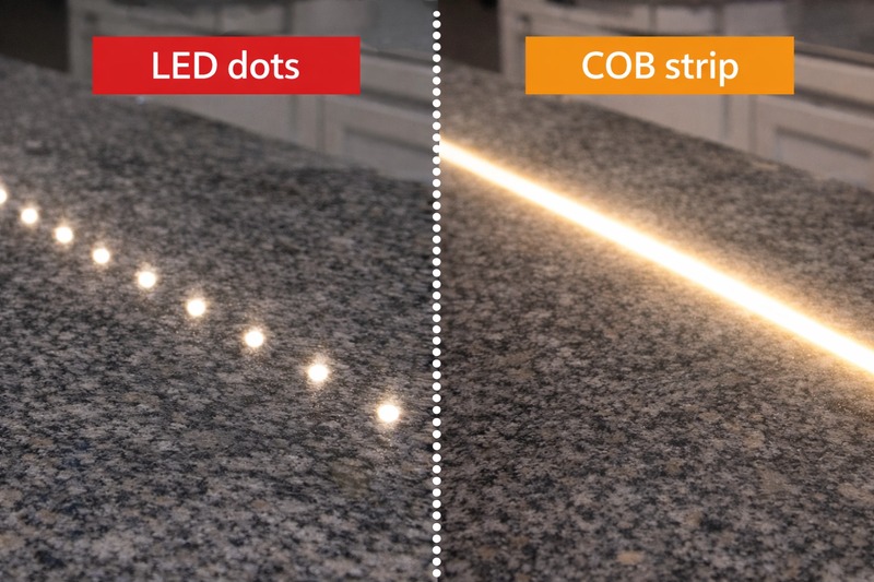 A split image showing a polished granite countertop: one side reflects ugly LED dots, the other side shows a smooth, continuous glow from a COB strip.