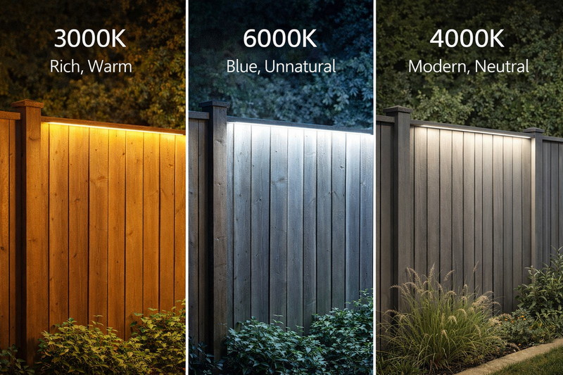 Split image showing wood fence with 3000K (rich, warm) vs 6000K (blue, unnatural). Next to it, a grey fence with 4000K looking modern.