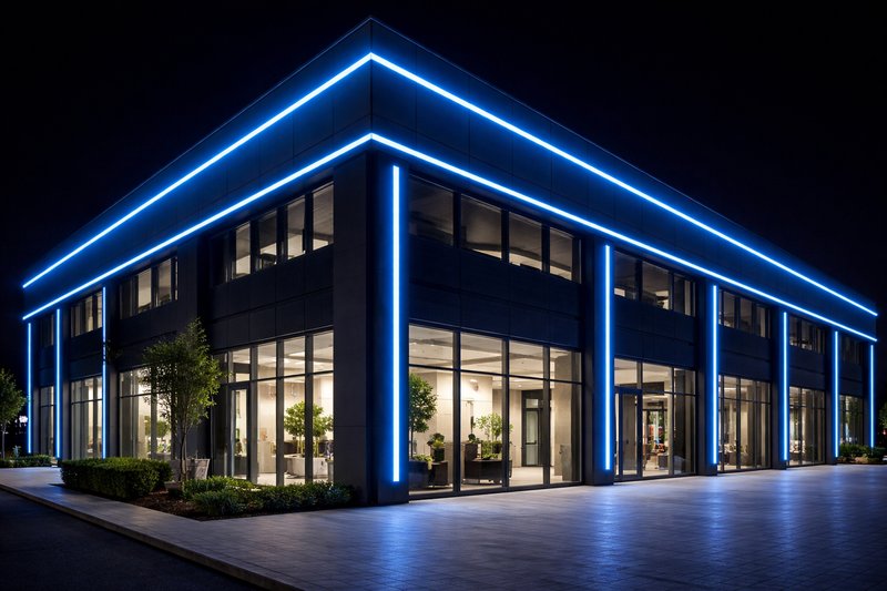 A modern commercial building facade at night featuring perfectly straight, uniform blue LED linear lighting with no dark spots
