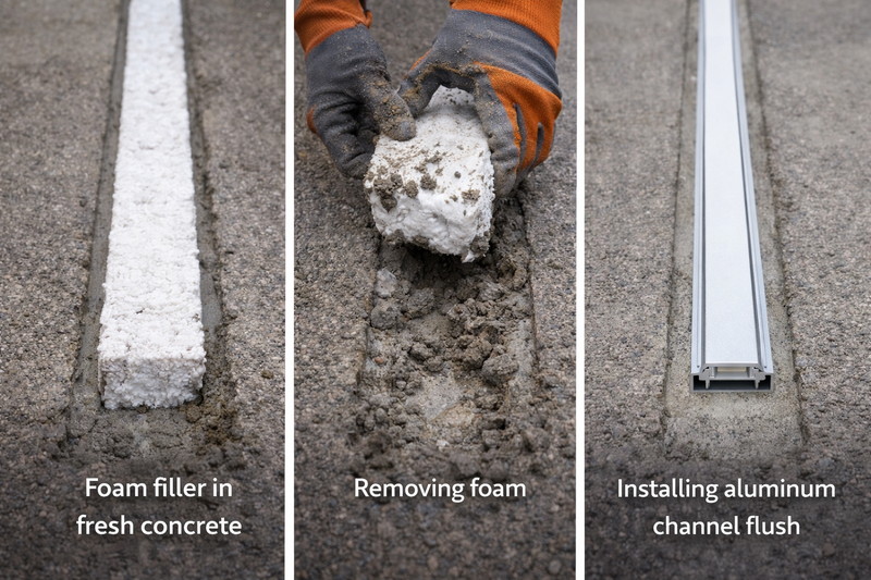 Photo series. Left: Foam filler in fresh concrete. Middle: Removing foam. Right: Installing the aluminum channel flush.