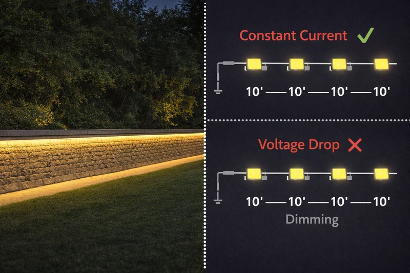 A wide shot of a long retaining wall illuminated perfectly evenly from end to end, contrasting with a diagram of voltage drop causing dimming.