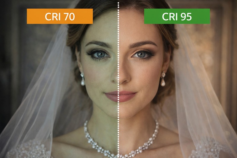Split screen comparison of a bride's face: one side looks greenish under CRI 70 light, the other side looks radiant and natural under CRI 95 light.