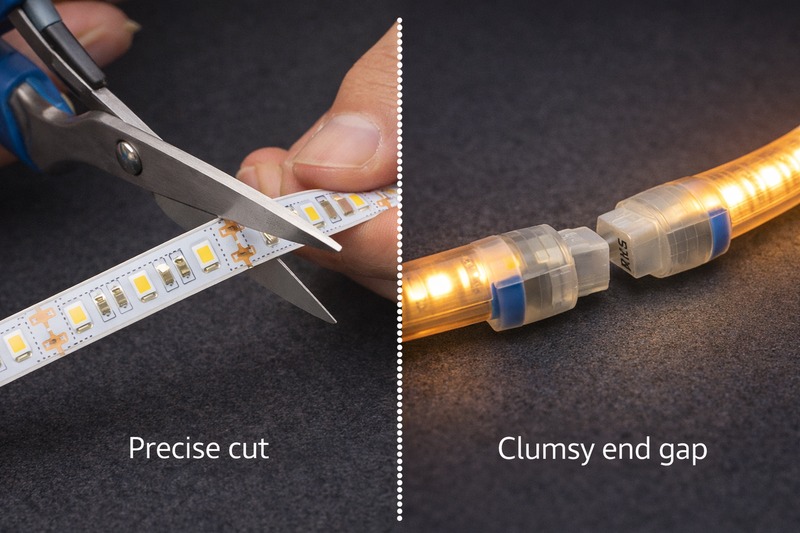 Close up photo of an installer cutting an LED strip at a precise mark with scissors, compared to a clumsy rope light with a large gap at the end of a run.
